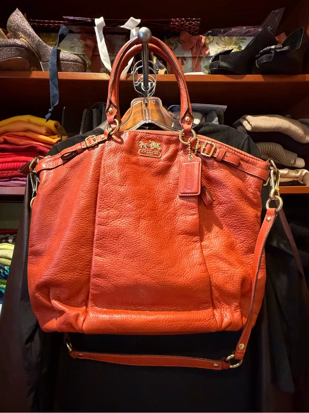 Coach Orange Pebbled Leather Shoulder Bag with Detachable Strap